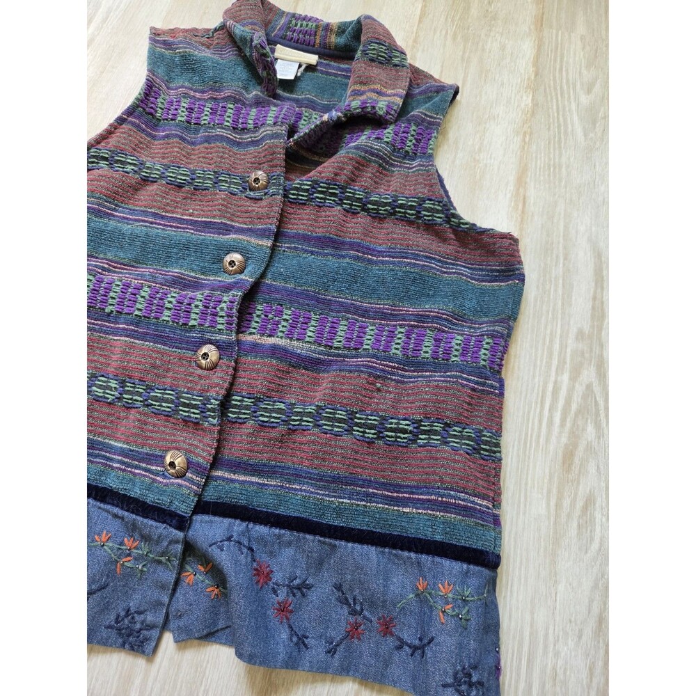Coldwater Creek Tapestry Vest Embroidered Hem Button Front Cotton Womens L GUC - Picture 2 of 10